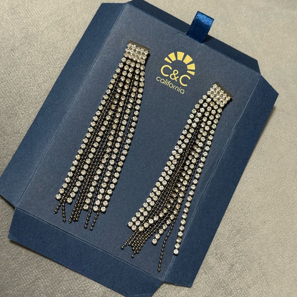 C&C California Sparkling Silver and Black Fringe Earrings